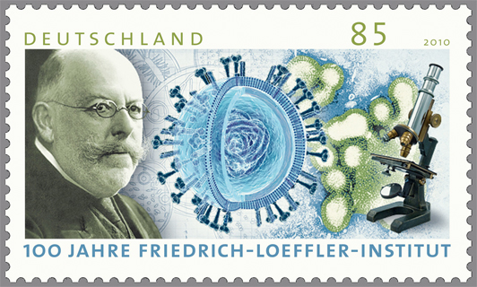 Sonderpostwertzeichen "100 Jahre Friedrich Loeffler Institut", 07.10.2010. Abb.: Deutsche Post AG. Diese Briefmarke wurde von der Deutschen Post AG im Auftrage des BMF verausgabt und ist nach § 5 Abs. 1 UrhG ein amtliches Werk. Nach dem deutschen Urheberrechtsgesetz ist sie somit gemeinfrei.