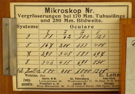 E. leitz Wetzlar: Mikroskop Stativ C No. 117298: Vergrößerungstabelle