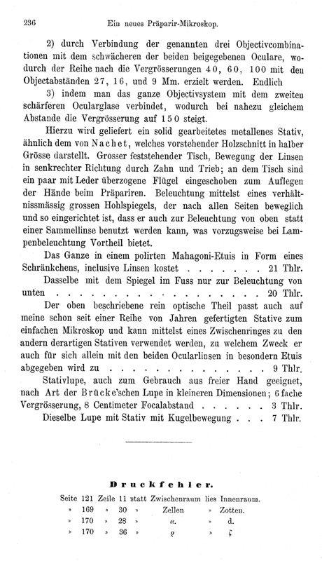 Carl Zeiss: Ein neues Präparir-Mikroskop. Archiv für Mikroskopische Anatomie; VI, 1870, 234-236