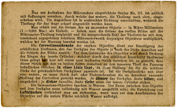 Vergrösserungstabelle von Mikroskop E. Gundlach Berlin Nr. 385