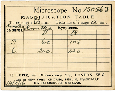 Vergrößerungstabelle für Ernst Leitz Mikroskop #150563, Neues Englisches Stativ von 1912
