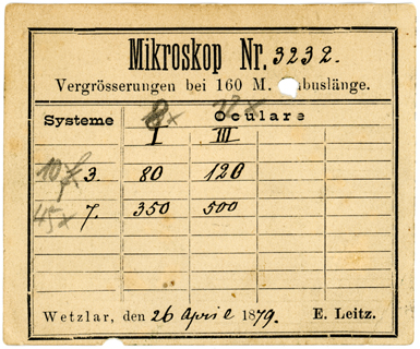 Vergrösserungstabelle Leitz Mikroskop Nr. 3232