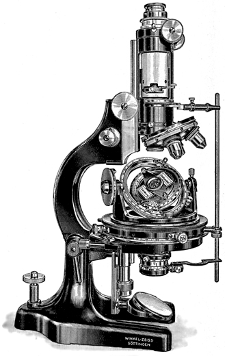 Stativ VI von Winkel-Zeiss, Abb. aus: R.Winkel G.m.b.H. Optische und mechanische Werkstätten Göttingen - Winkel-Zeiss: Polarisations-Mikroskope und Nebenapparate; Druckschrift Nr. 50; Göttingen ca. 1935