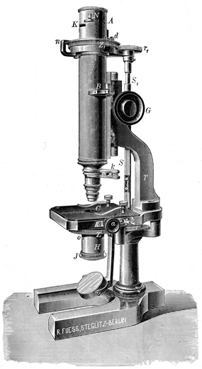 Mikroskop R. Fuess Berlin Steglitz, Stativ VIII; Abb. aus: R. Fuess mechanisch-optische Werkstätten Steglitz bei Berlin Abteilung I.: Optische Instrumente; Liste No. 38 (III. Auflage); Steglitz 1907 