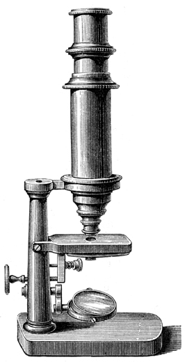 Kleines Mikroskopstativ von Franz Schmidt und Haensch Berlin; Abb. aus: Hermann Hager: Das Mikroskop und seine Anwendung; sechste durchgesehene und vermehrte Auflage; Verlag von Julius Springer; Berlin 1879: p. 38, Fig. 33