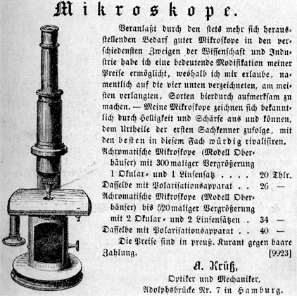 Werbung der Fa. Krüss; Abb. aus: A. Krüss Optisch-Mechanische Werkstätten: A. Krüss Hamburg 1796 - 1844 - 1966; Geschichte eines Hamburger Famlilien-Unternehmens; Hamburg 1966