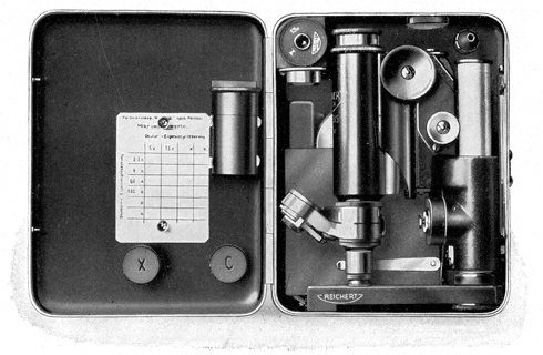Feldmikroskop Heimdal. Abb. aus: C. Reichert Optical Works / Vienna: "Heimdal" after Reisch; Mikro 205e; Wien ca. 1928