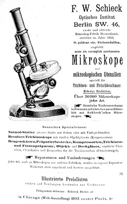 Anzeige von F.W.Schieck in A. Johne: Trichinenschauer; 7.Auflage; Verlagsbuchhandlung Paul Parey; Berlin; 1902