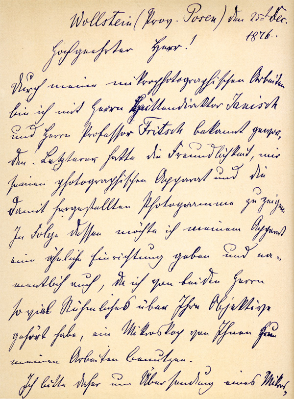 Reproduktion eines Briefes von Robert Koch an die Firma Seibert in Wetzlar. Abb. aus: W. & H. Seibert Wetzlar Optisches Institut G.m.b.H.: Mikroskope, Katalog Nr.55; Wetzlar um 1932 