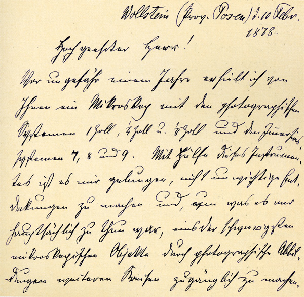 Reproduktion eines Briefes von Robert Koch an die Firma Seibert in Wetzlar. Abb. aus: W. & H. Seibert Wetzlar Optisches Institut G.m.b.H.: Mikroskope, Katalog Nr.55; Wetzlar um 1932 