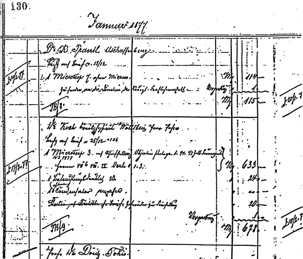 Kopie der Seite 130 des Auslieferungsbuches von W. & H. Seibert mit Lieferung der Bestellung von Robert Koch