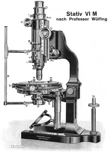 Neues Polarisationsmikroskop nach Wülfing, Abb. aus: R.Winkel G.m.b.H. Optische und mechan. Werkstätten Göttingen - Winkel-Zeiss: Stativ VI M nach Professor Wülfing; Druckschrift Nr. 254; Halle ca. 1923 