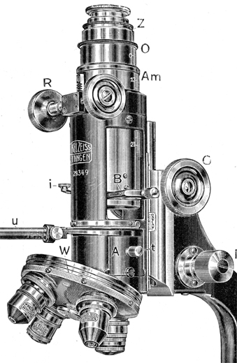 Tubusdetail des Stativ VI von Winkel-Zeiss, Nr. 28349, Abb. aus:R.Winkel G.m.b.H. Optische und mechanische Werkstätten Göttingen - Winkel-Zeiss: Mikroskope Polarisations-Apparate Zubehör; Druckschrift O p; Göttingen September 1930 