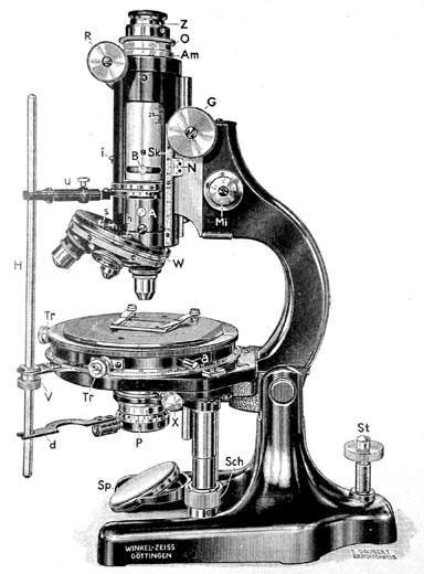 Stativ VI von Winkel-Zeiss, Abb. aus: R.Winkel G.m.b.H. Optische und mechanische Werkstätten Göttingen - Winkel-Zeiss: Polarisations-Mikroskope und Nebenapparate; Druckschrift Nr. 50; Göttingen ca. 1935