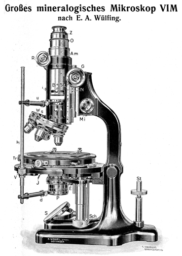 Großes mineralogisches Mikroskop VIM nach E. A. Wülfing, Abb. aus: R.Winkel G.m.b.H. Optische und mechan. Werkstätten Göttingen - Winkel-Zeiss: Großes mineralogisches Mikroskop VI M nach E.A. Wülfing; Druckschrift Nr. 254; 1.8.25; Halle Juni 1929