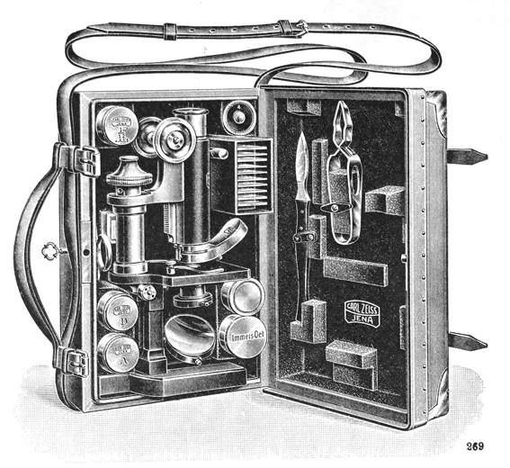 Zeiss Reisemikroskop. Abb. aus: Carl Zeiss Jena: Mikroskope und mikroskopische Hilfsapparate No.35, Jena 1912