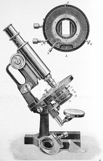 Zeiss Stativ III; Abbildung aus: Stativ III.; Neues ergänzbares Mikroskopstativ mit der Mikrometerbewegung nach M. Berger; Carl Zeiss, Jena; M.93.I.05.3000d.; 1904 